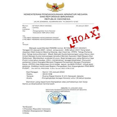 Surat yang mencatut nama Menteri PANRB Tjahjo Kumolo mencari guru honorer untuk mengisi kekosongan kuota dari tahap seleksi 2021. 
