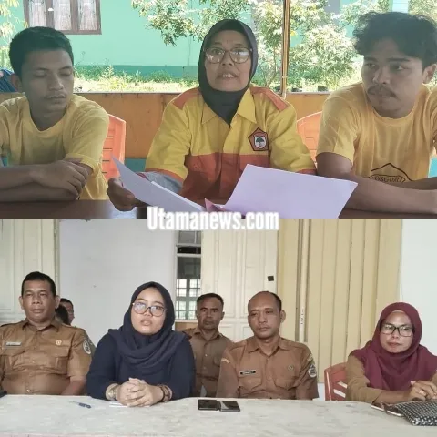 Sekretaris DPK Kosgoro 1957 Kabupaten Tapanuli Tengah, Aprina Situmorang saat melakukan konferensi pers (Foto Atas). Camat Pandan, Gusni Army Pasaribu (Pakaian Hitam) melakukan konferensi pers terkait pengangkatan Kepling. (Foto Bawah)