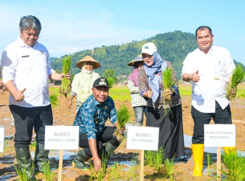 Lom Lom Suwondo SS menghadiri Groundbreaking Rehabilitasi Lahan Sawah Terdampak Bencana yang dipusatkan di Kecamatan Tukka, Kabupaten Tapanuli Tengah (Tapteng), Kamis (15/1/2026).