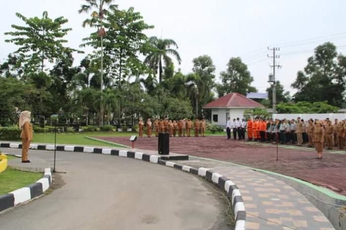 Kegiatan upacara apel gabungan kelompok I dan II di Lingkungan Pemerintah Kabupaten Labuhanbatu yang berlangsung, Senin (3/2/2020) pagi di Halaman Kantor Bupati Labuhanbatu.