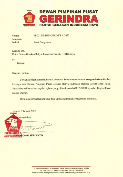 Surat Presiden Prabowo Subianto 