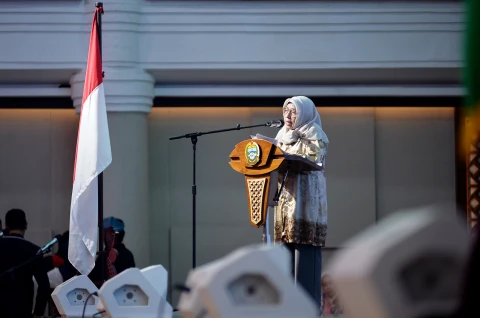 Titiek Sugiharti Surya menghadiri Peringatan Hari Down Syndrome Dunia (HDSD) 2026 di Aula Raja Inal Siregar, Kantor Gubernur Sumut Jalan Diponegoro, Kota Medan, Sabtu (18/4/2026).