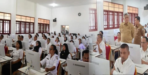 Kepala Dinas Pendidikan Tapanuli Tengah Johannes Simanjuntak, bersama Sekdakab Tapteng Binsar TH Sitanggang, meninjau pelaksanaan seleksi calon Kepala Sekolah di SMA Negeri 1 Matauli Pandan.