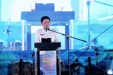 Hassanudin menghadiri Peringatan Mayday 2024 Sumut Hebat di Gedung Serbaguna Pemprov Sumut Jalan Pancing Deliserdang, Rabu (8/5).