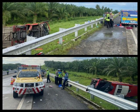 Bus Halmahera BK 7347 UA terguling di KM 63.200 Dusun I Desa Sei Sijenggi, Kecamatan Perbaungan, Kabupaten Serdangbedagai (Sergai), Senin, (11/5/2026).