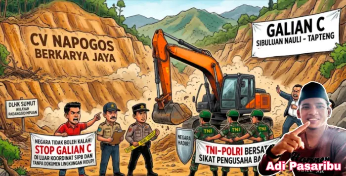 Aktivis Anti Korupsi Sibolga-Tapanuli Tengah, Adi Pasaribu, dengan latar belakang ilustrasi penertiban tambang Galian C.