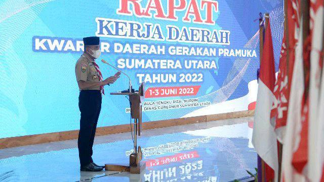 Edy Rahmayadi membuka secara resmi rapat kerja Kwarda Pramuka Sumut Tahun 2022 di Aula Tengku Rizal Nurdin, Rumah Dinas Gubernur, Jalan Sudirman, Medan. Kamis (2/6).