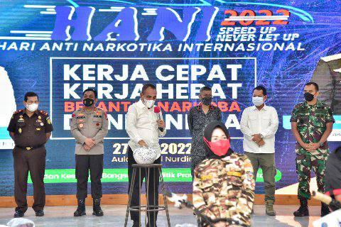 Peringatan Hari Anti Narkoba Internasional (HANI) Tahun 2022 di Aula Tengku Rizal Nurdin, Rumah Jabatan Gubernur Sumut, Jalan Sudirman Medan, Senin (27/6/2022).