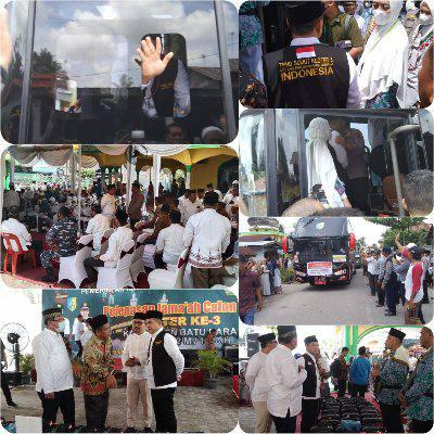 130 Calhaj termasuk TPHD Bupati Zahir dan istri Maya Indriasari tampak melambaikan tangan kepada warga. Selanjutnya bus bergerak menuju Embarkasi Medan.