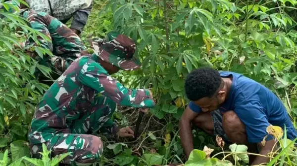 Satgas Yonif 143/TWEJ bersama masyarakat bercocok tanam