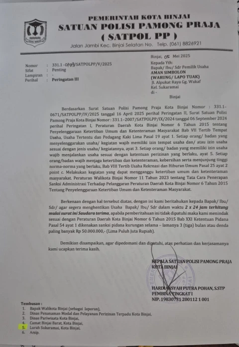 Surat peringatan dari Satpol PP 