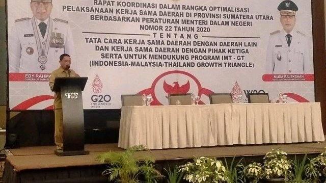 Rapat koordinasi dalam rangka optimalisasi pelaksanaan kerja sama daerah di Provinsi Sumut berdasarkan Permendagri Nomor 22 tahun 2020 tentang Tata Cara Kerja Sama Daerah, serta mendukung program IMTGT (Indonesia-Malaysia-Thailand Growth Triangle), Medan,