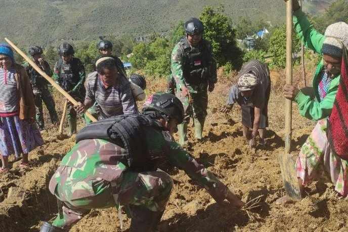 Satgas Yonif Mekanis 203/AK bersama masyarakat Lanny Jaya membuka lahan perkebunan