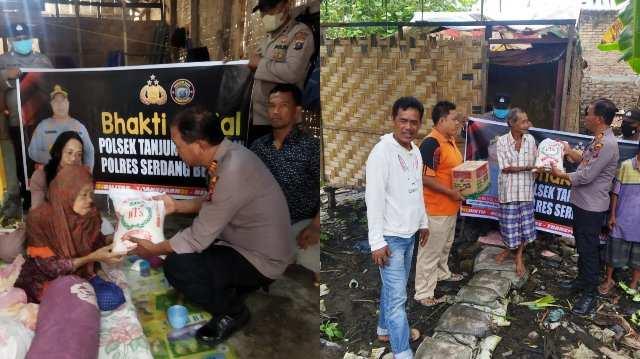 Kapolsek Tanjung Beringin Polres Sergai melaksanakan pembagian sembako pada warga tidak mampu, Minggu (18/9)