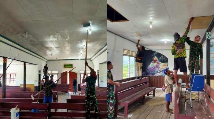 Satgas Pamtas RI-PNG Yonif Raider 142/KJ&nbsp; bersama jemaat gereja melaksanakan karya bakti membersihkan gereja dan lingkungannya