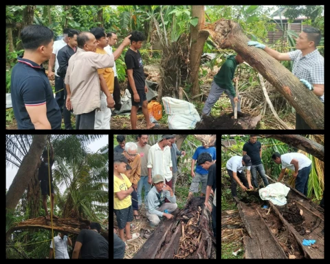 Kasat Reskrim Polres Sergai IPTU Binrod Situngkir bersama tim saat cek TKP temuan kerangka manusia