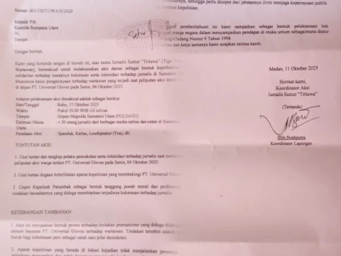 Surat aksi damai jurnalis untuk Elin Sahputra dan Dedi Irawandi Lubis
