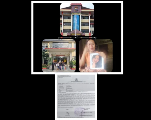Foto ibu almarhum Imelda Sihombing menangis sambil peluk Foto almarhum dan Foto kuasa Hukum bersama Tim di Polda Sumatera Utara