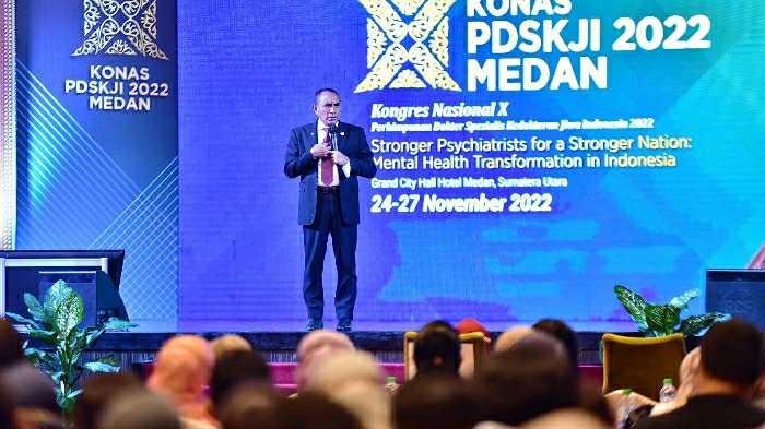 Edy Rahmayadi menghadiri sekaligus membuka Kongres Nasional (Konas) Ke 10 Perhimpunan Dokter Spesialis Kedokteran Kejiwaan Indonesia (PDSKJI) Sumut Tahun 2022 di Grand City Hall Hotel Medan, Jalan Balaikota Medan, Jumat (25/11/2022).