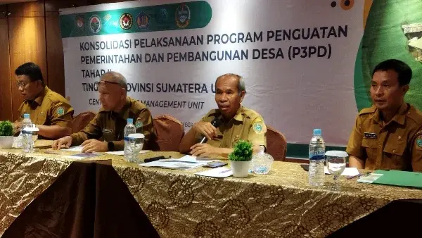 Lasro Marbun di acara Rapat Koordinasi (Rakor) Implementasi Program Penguatan Pemerintahan dan Pembangunan Desa (P3PD) di Provinsi Sumut tahun 2023 di Le Polonia Hotel, Jalan Jenderal Sudirman Medan, Senin (20/11).