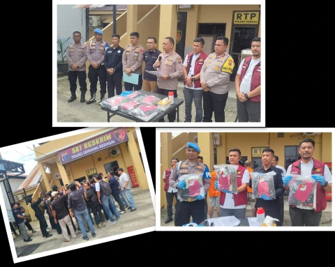 Kasat Reskrim IPTU Binrod Situngkir bersama Kasi humas IPTU L. B Simanullang dan Kanit I Pidum IPDA Hendrik Panduwinata saat press release di halaman Satreskrim Polres Sergai