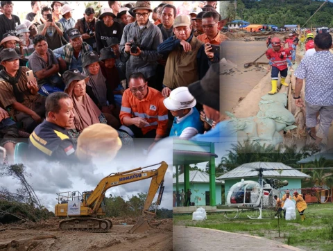 Helikopter Agincourt Resources menurunkan bantuan pangan dan obat-obatan di Muara Batang Toru, juga tampak Menteri ESDM Bahlil Lahadalia (kiri) didampingi Presiden Direktur Agincourt Resources, Muliady Sutio, (berseragam oranye) tengah menanyakan kondisi warga terdampak banjir di Posko PTAR di Desa Garoga, dan ERT Agincourt Resources menggendong seorang anak meniti jembatan darurat yang menghubungkan Tapsel dengan Tapanuli Tengah, serta Ekskavator Agincourt Resources sedang membuka akses jalur sungai Garoga yang dipenuhi oleh kayu-kayu gelondongan di wilayah Garoga, Batang Toru.